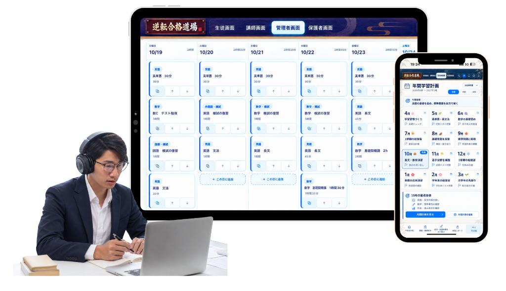 タブレットに表示された週間学習計画と、スマートフォンに表示された年間学習計画の画面、パソコンに向かう講師